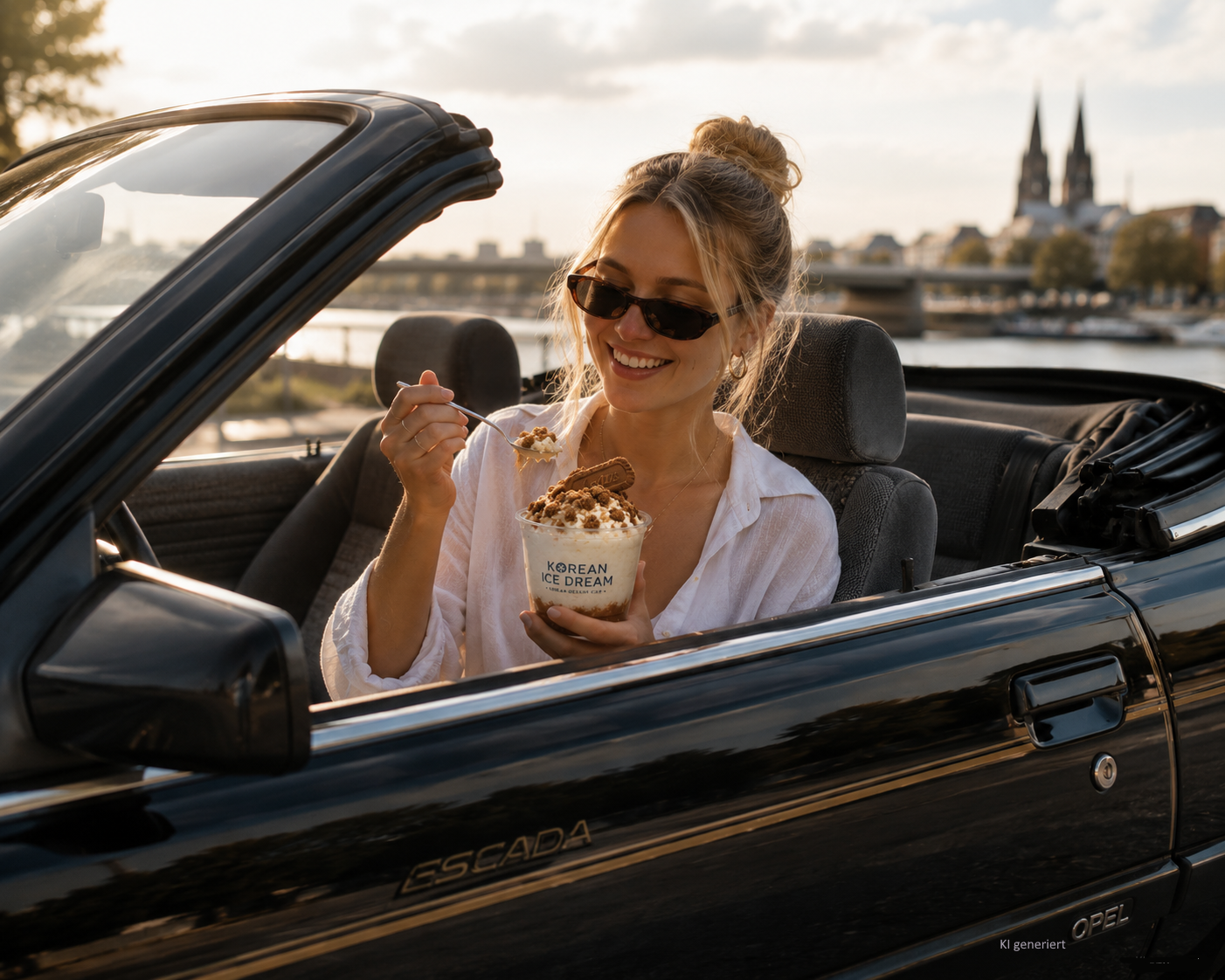 Junge Frau im Cabrio isst Biscoff Bingsu